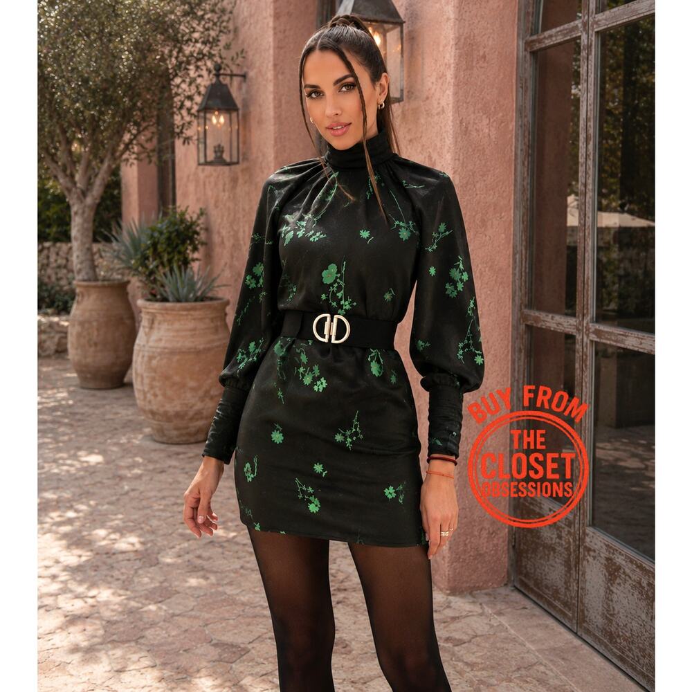 Zara Green Floral Long Sleeve Mini Dress Belted NWT - Picture 3 of 16